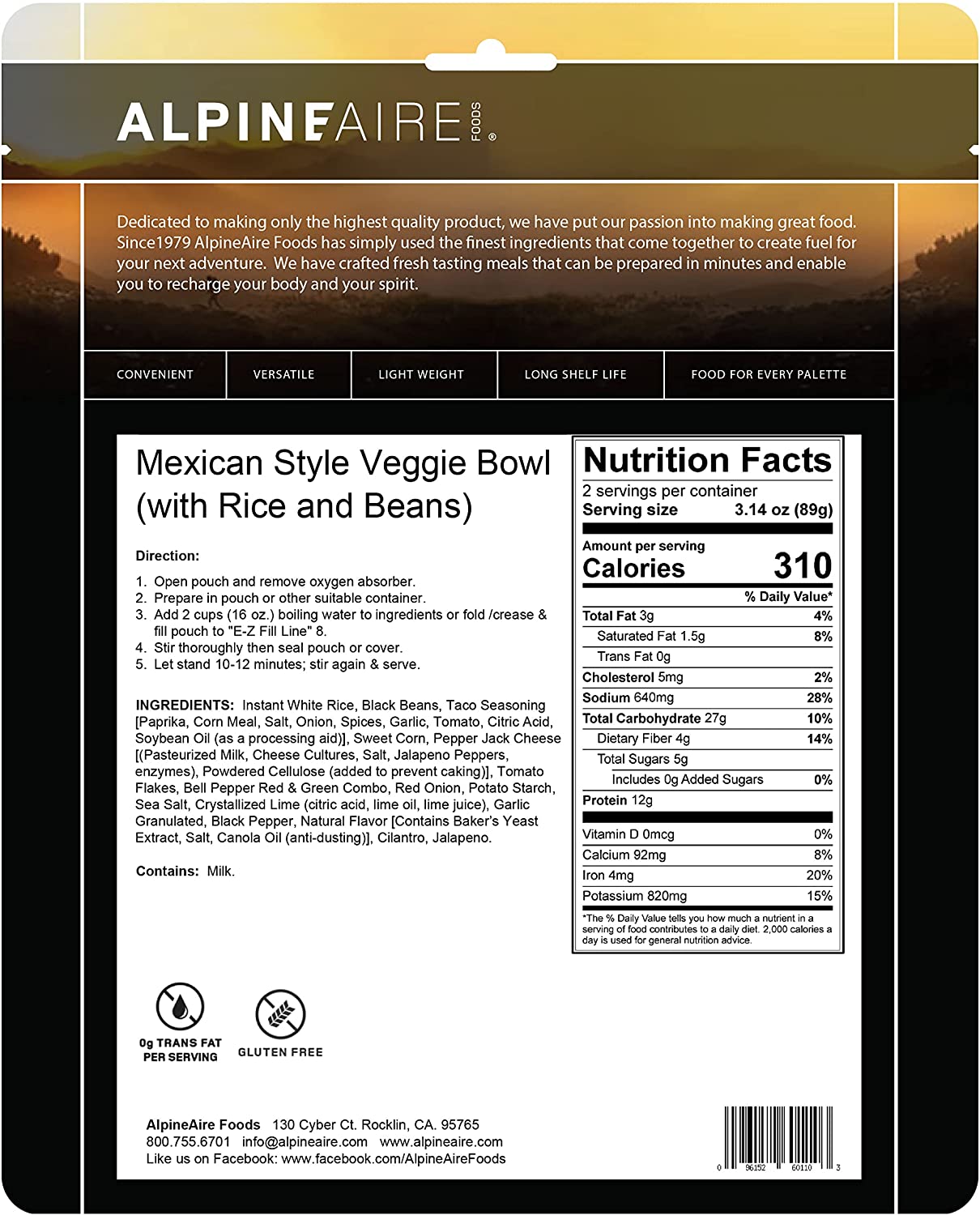 AlpineAire Mexican Style Veggie Bowl, Case of 12 - Shortened Shelf Life